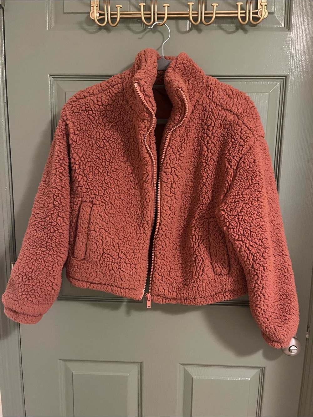 La Hearts Plush Teddy Zip Jacket in Dusty Rose